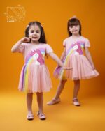 پیراهن دخترانه بهاره با طرح رنگین کمان و اسب تک شاخ - Image 2