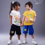 ست تیشرت و شلوارک اسپورت دخترانه و پسرانه بهاره با طرح باب اسفنجی