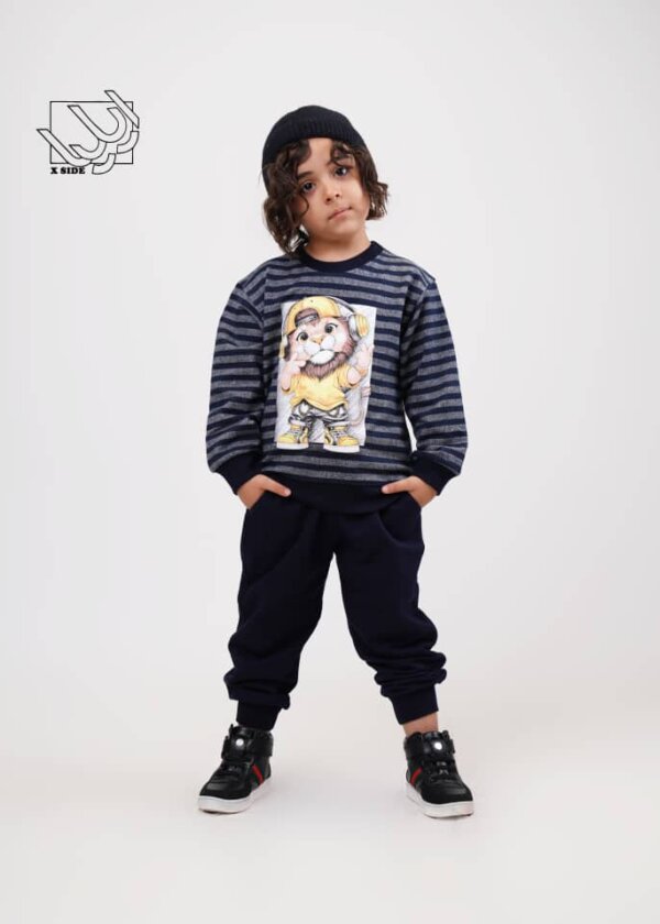 ست بلوز و شلوار راه راه پسرانه پاییزه با طرح بچه شیر